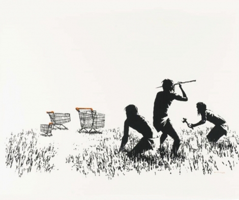 Banksy, Trolley Hunters (Black and White), 2006