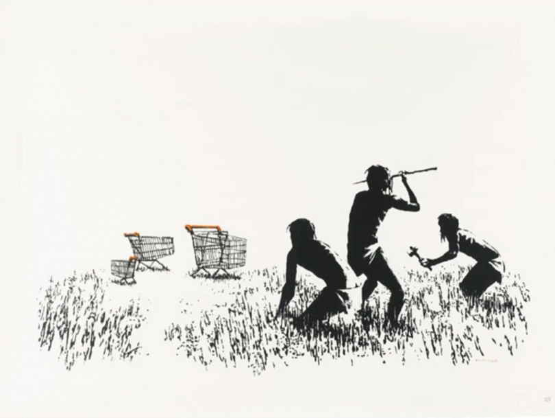 Banksy, Trolley Hunters (Black and White), 2006